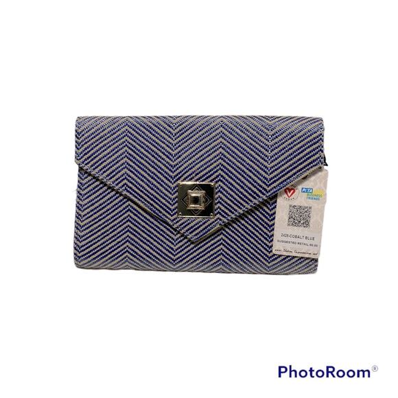 Urban Expression Blue/cream herringbone Clutch with gold chain strap vegan, NWT - Picture 12 of 12
